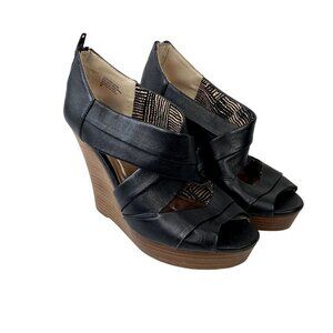 Seychelles Black Leather Risky Business Wedge Sandals 8
